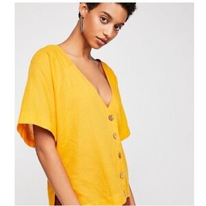 Free People Memory Of Love Top Yellow Linen Cotton Button Front V-Neck S